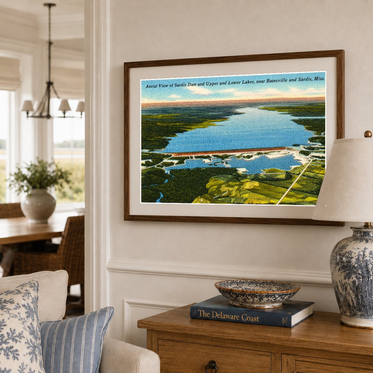Sardis Lake, MS: Aerial view of Sardis Dam and upper and lower lakes, near Batesville and Sardis
