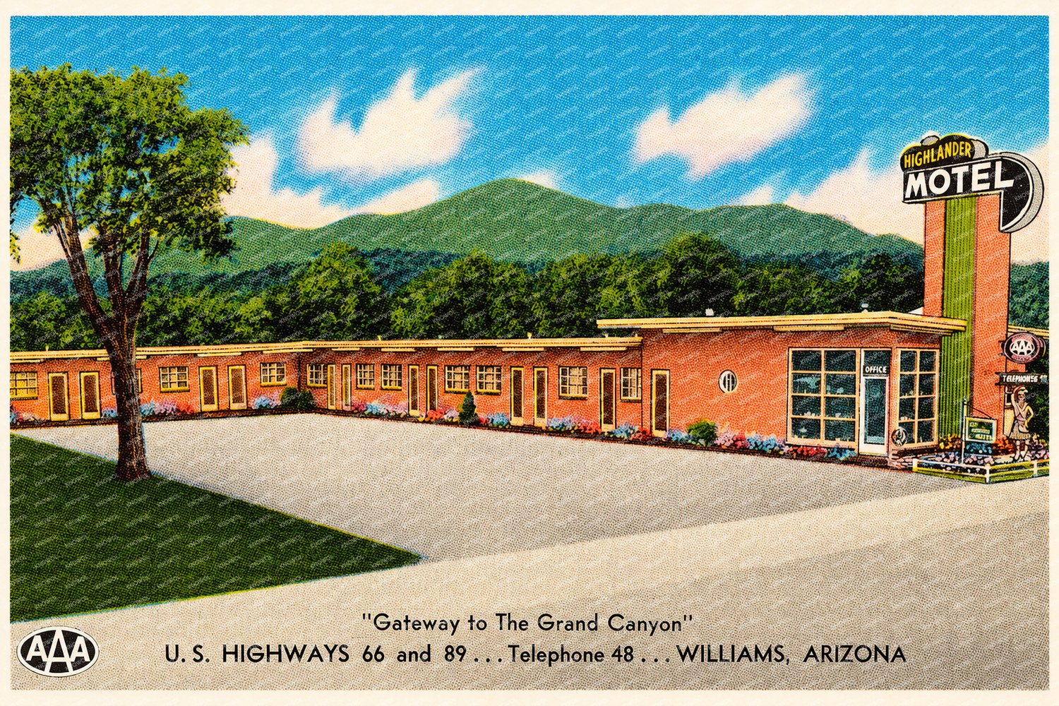 Williams, AZ: Highlander Motel, "Gateways to the Grand Canyon," U.S. highways 66 and 89, telephone 48
