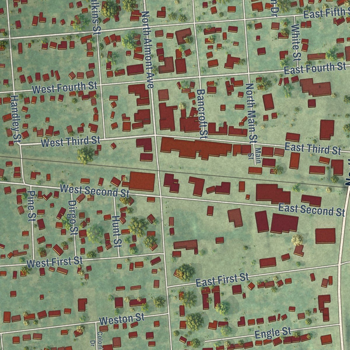 Close-up of the map of Imlay City, Michigan print showing street and building detail