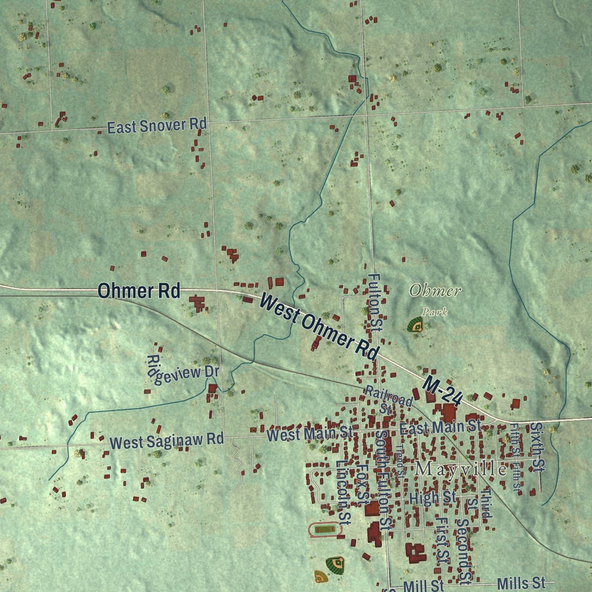 Close-up of the map of Fremont, Tuscola County, Michigan print showing street and building detail