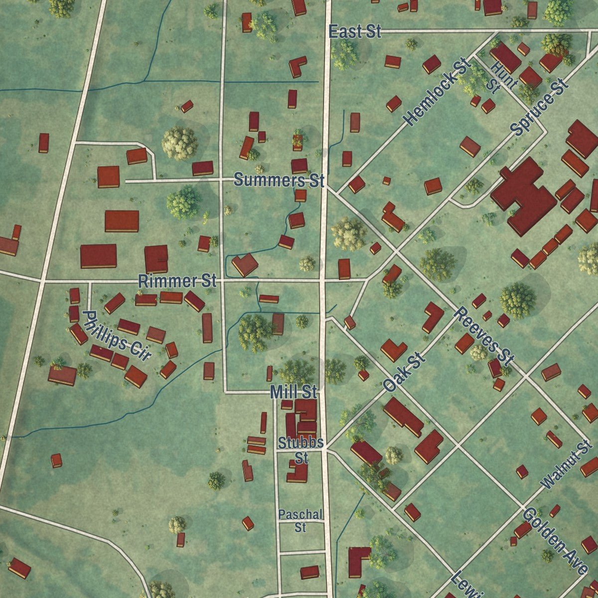 Close-up of the map of Walnut Grove, Mississippi print showing street and building detail