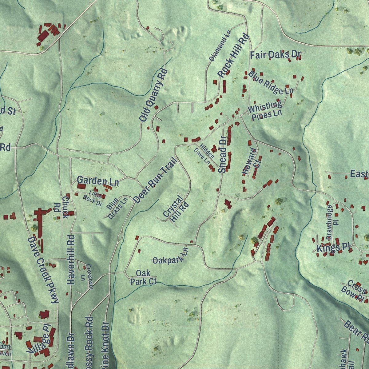 Close-up of the map of Fairfield Bay, Arkansas print showing street and building detail