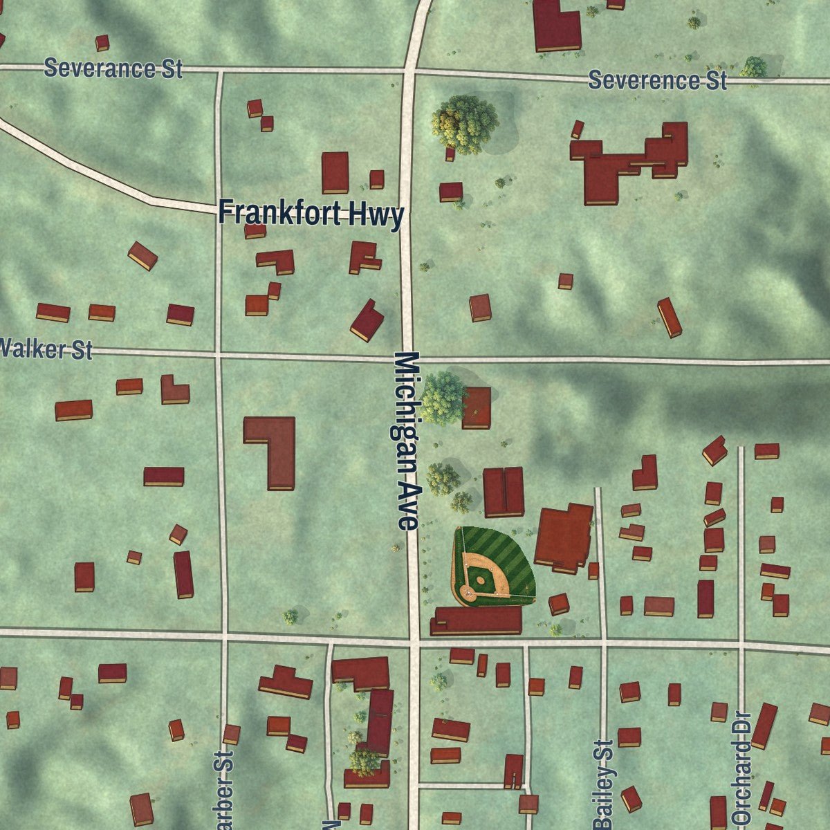 Close-up of the map of Benzonia, Michigan print showing street and building detail
