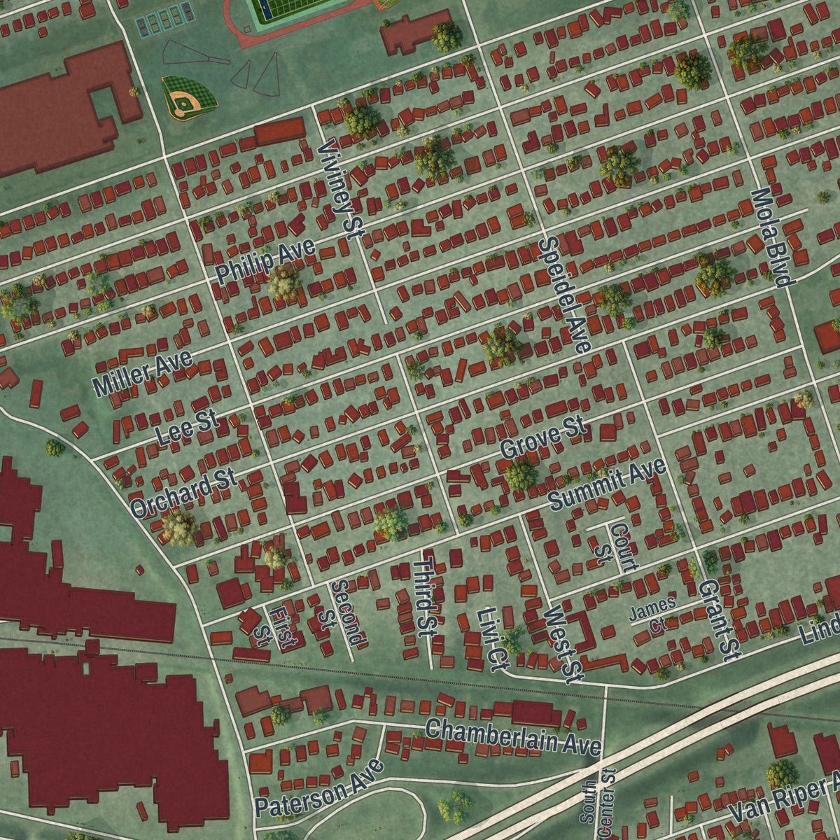 Close-up of the map of Elmwood Park, New Jersey print showing street and building detail