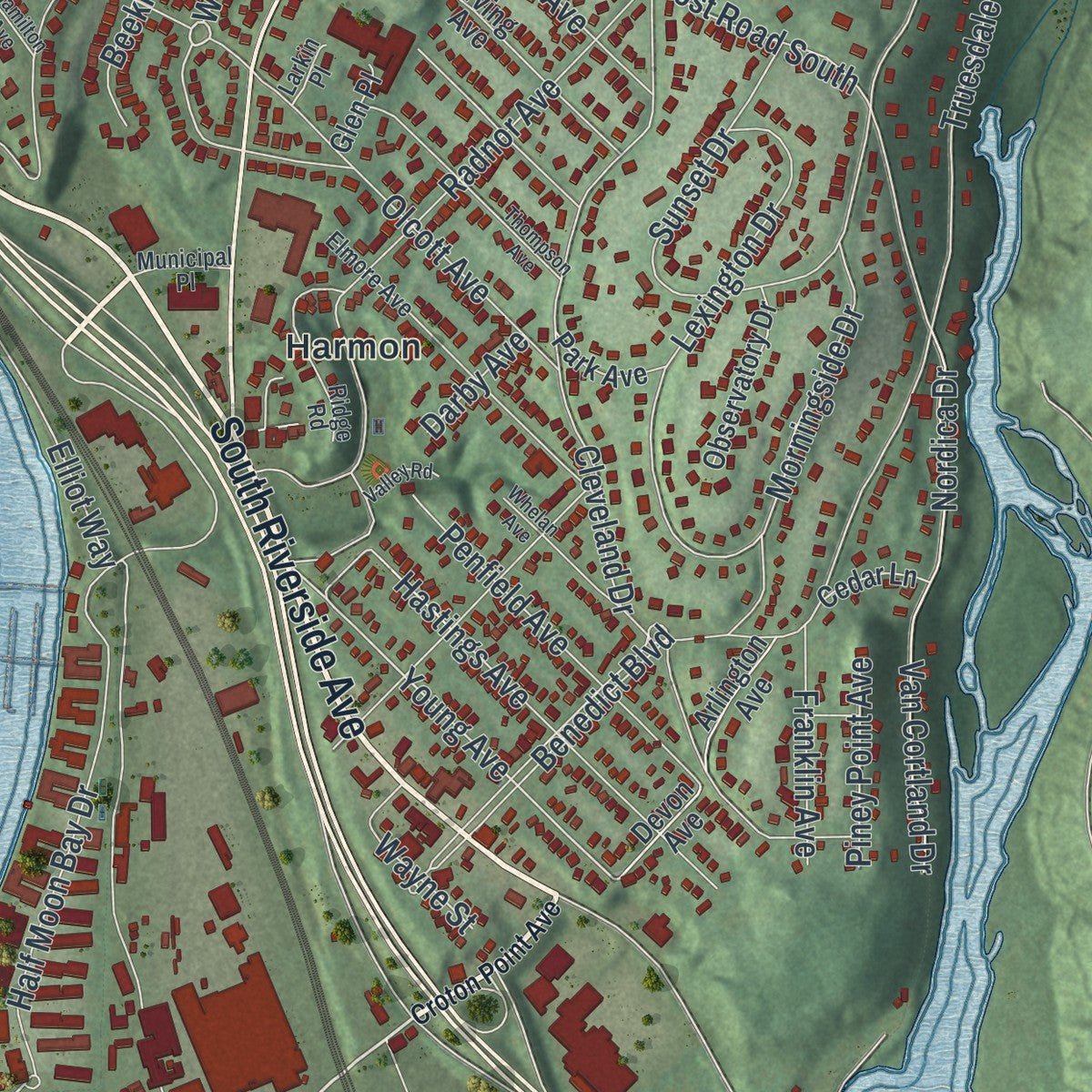 Close-up of the map of Croton-on-Hudson, New York print showing street and building detail