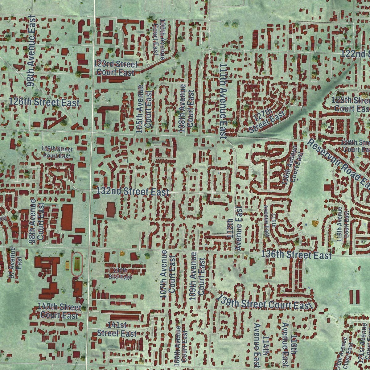 Close-up of the map of South Hill, Washington print showing street and building detail