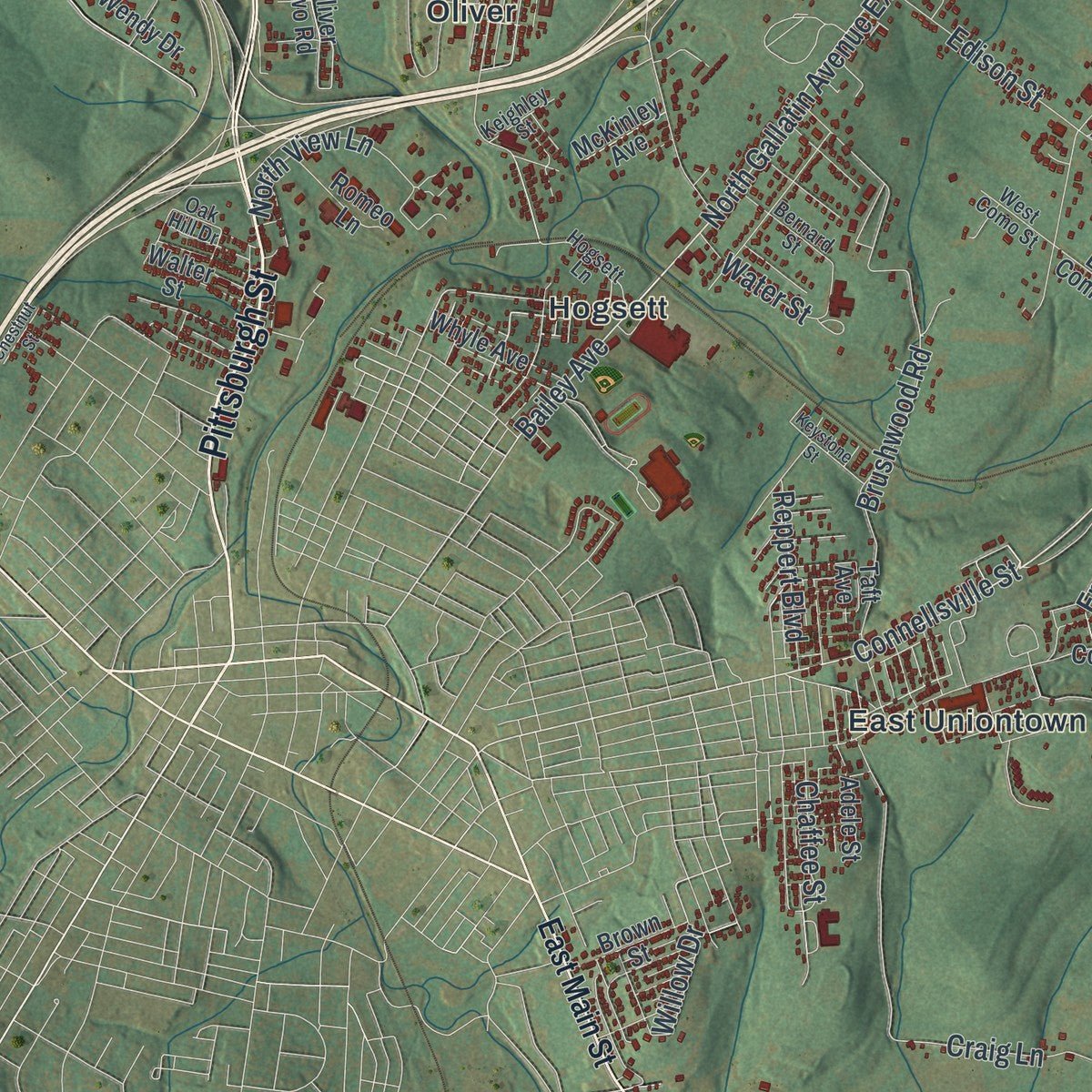 Close-up of the map of North Union, Fayette County, Pennsylvania print showing street and building detail