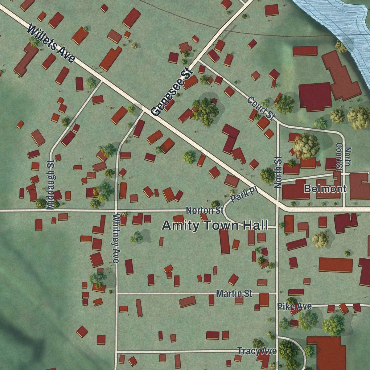 Close-up of the map of Belmont, New York print showing street and building detail