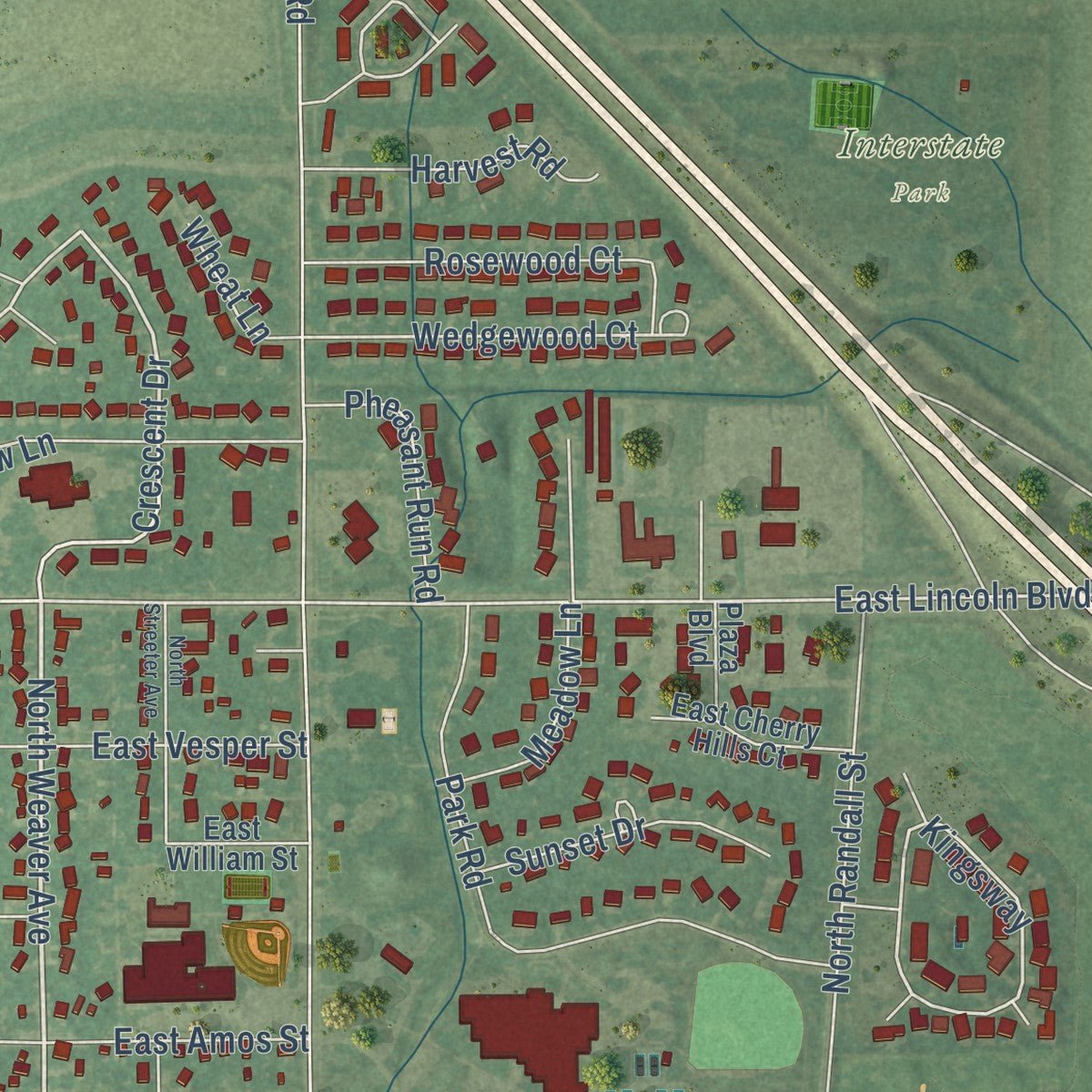 Close-up of the map of Hesston, Kansas print showing street and building detail
