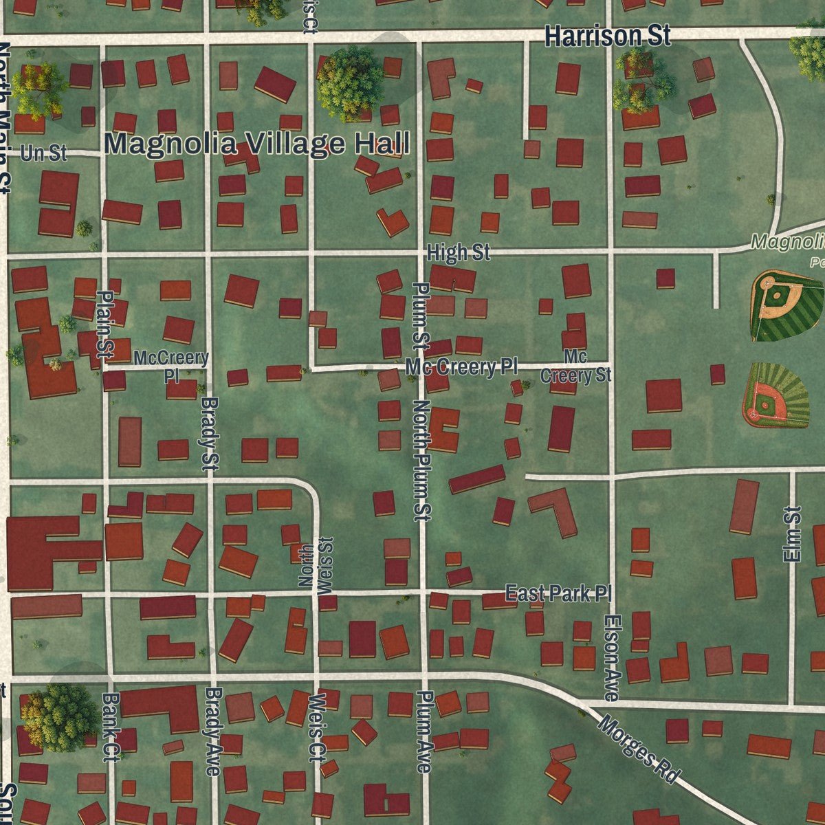 Close-up of the map of Magnolia, Ohio print showing street and building detail