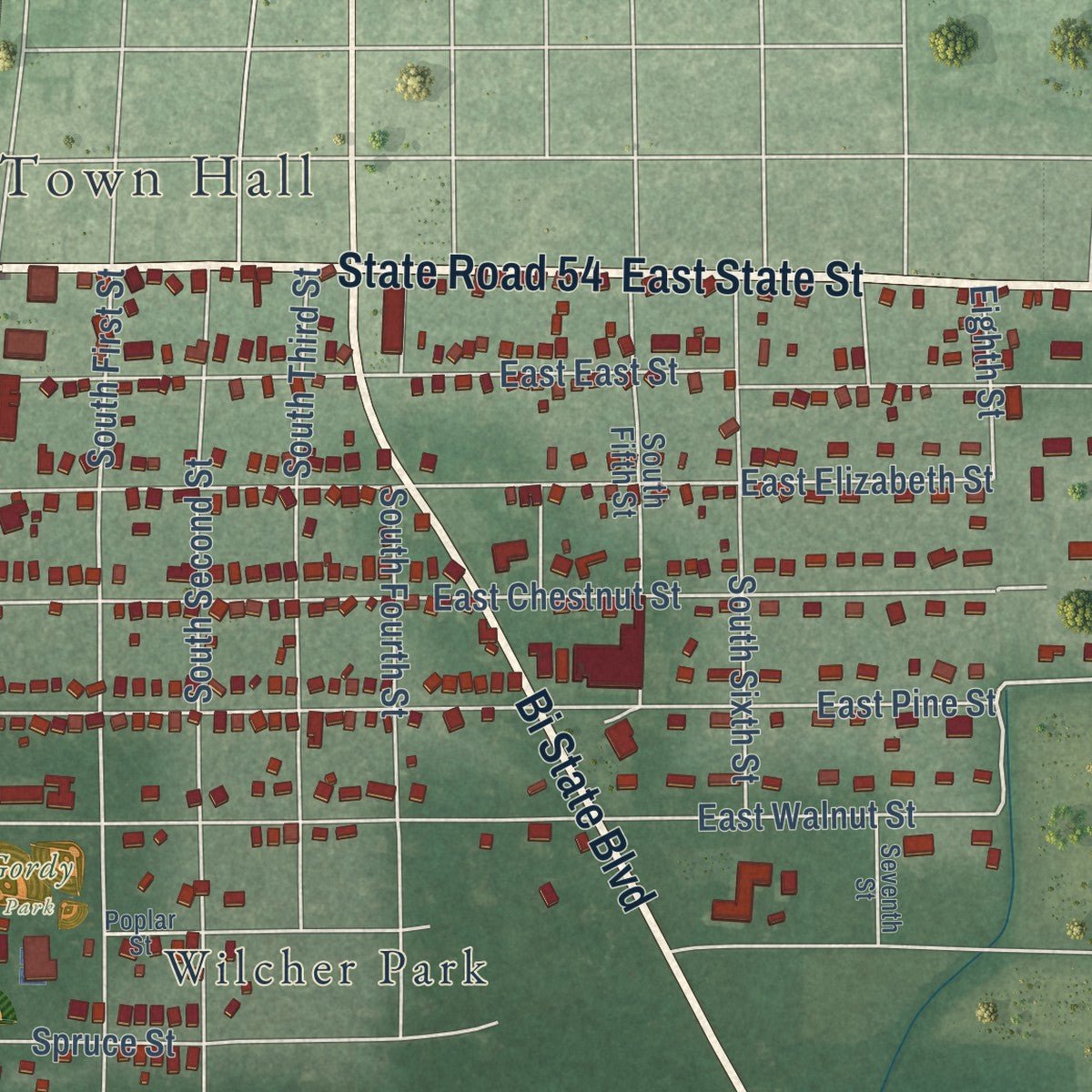 Close-up of the map of Delmar, Maryland print showing street and building detail