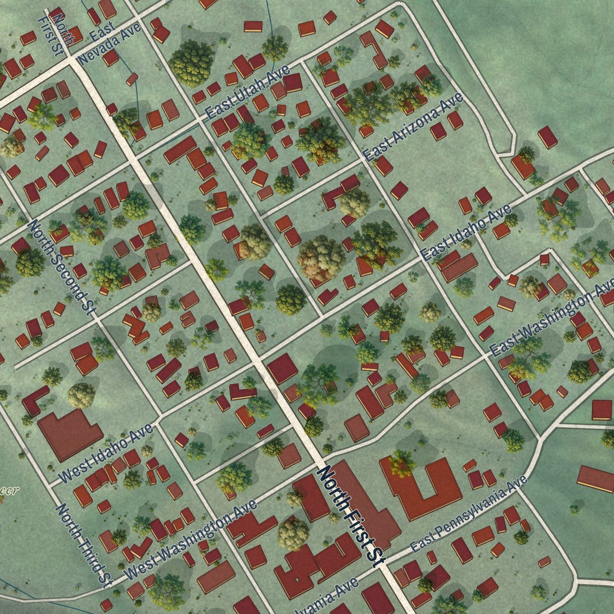 Close-up of the map of Roslyn, Washington print showing street and building detail