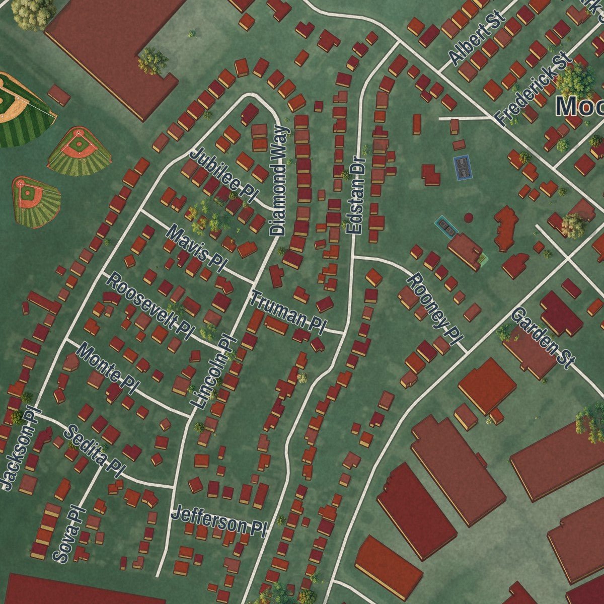 Close-up of the map of Moonachie, New Jersey print showing street and building detail