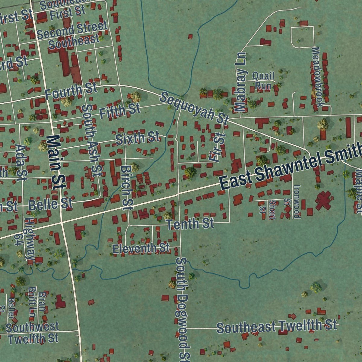 Close-up of the map of Muldrow, Oklahoma print showing street and building detail