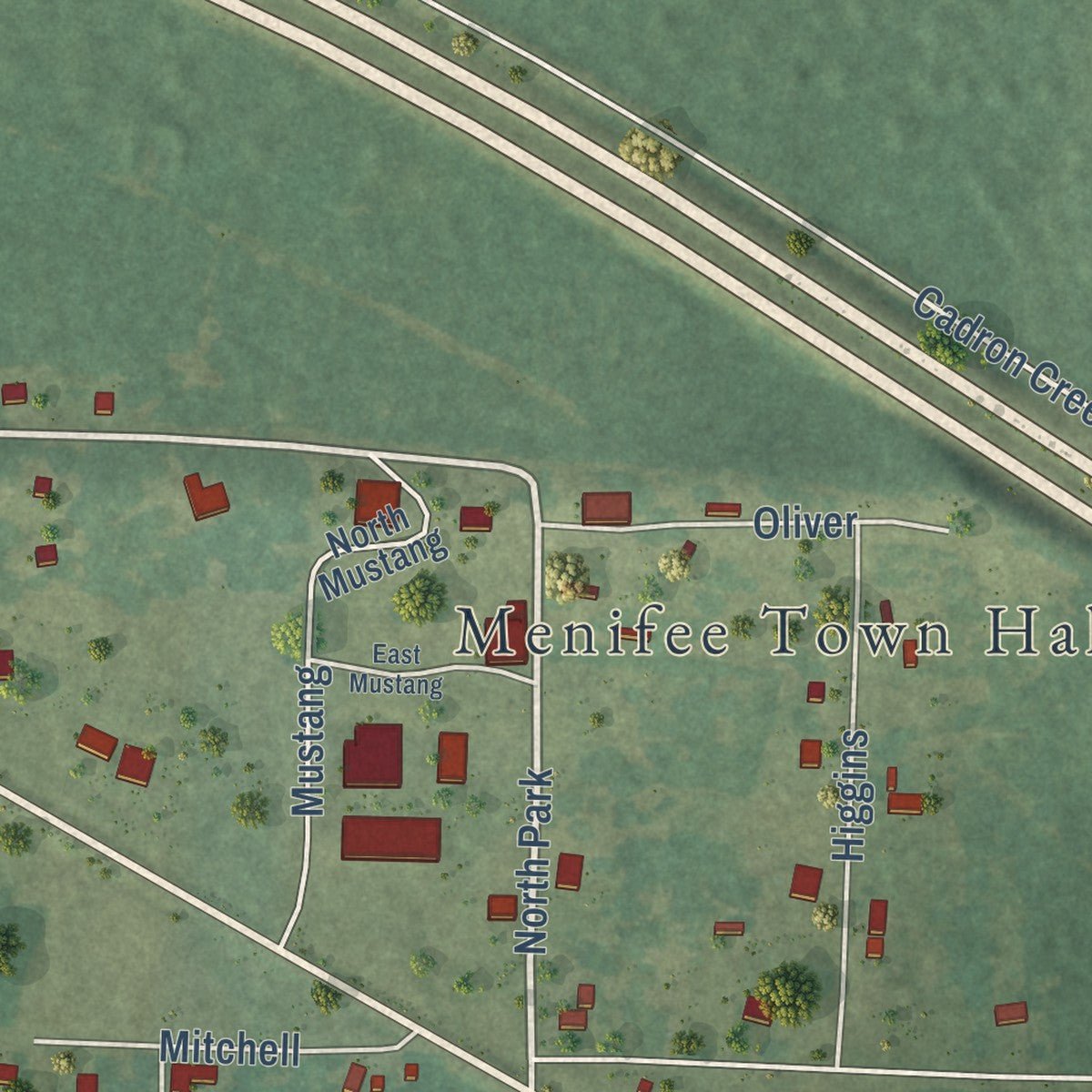 Close-up of the map of Menifee, Arkansas print showing street and building detail