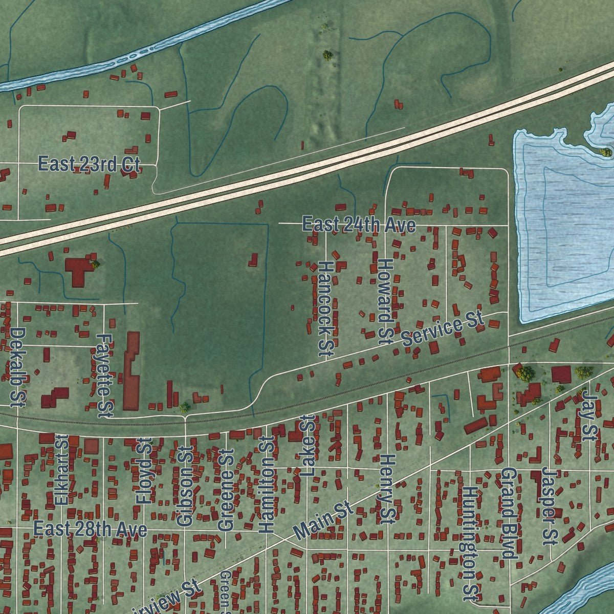 Close-up of the map of Lake Station, Indiana print showing street and building detail