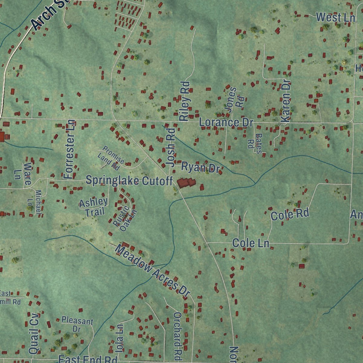 Close-up of the map of East End, Arkansas print showing street and building detail