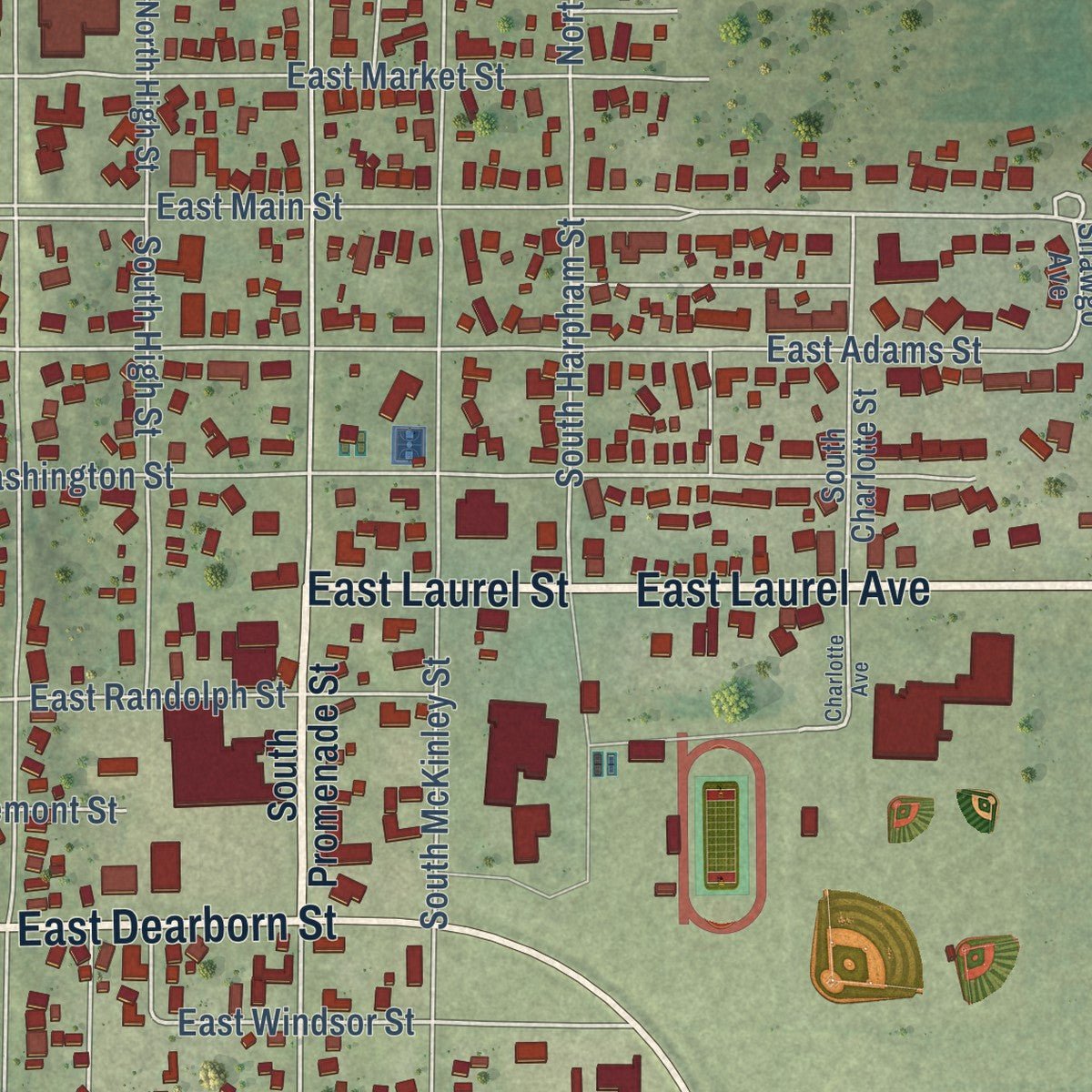 Close-up of the map of Havana, Illinois print showing street and building detail