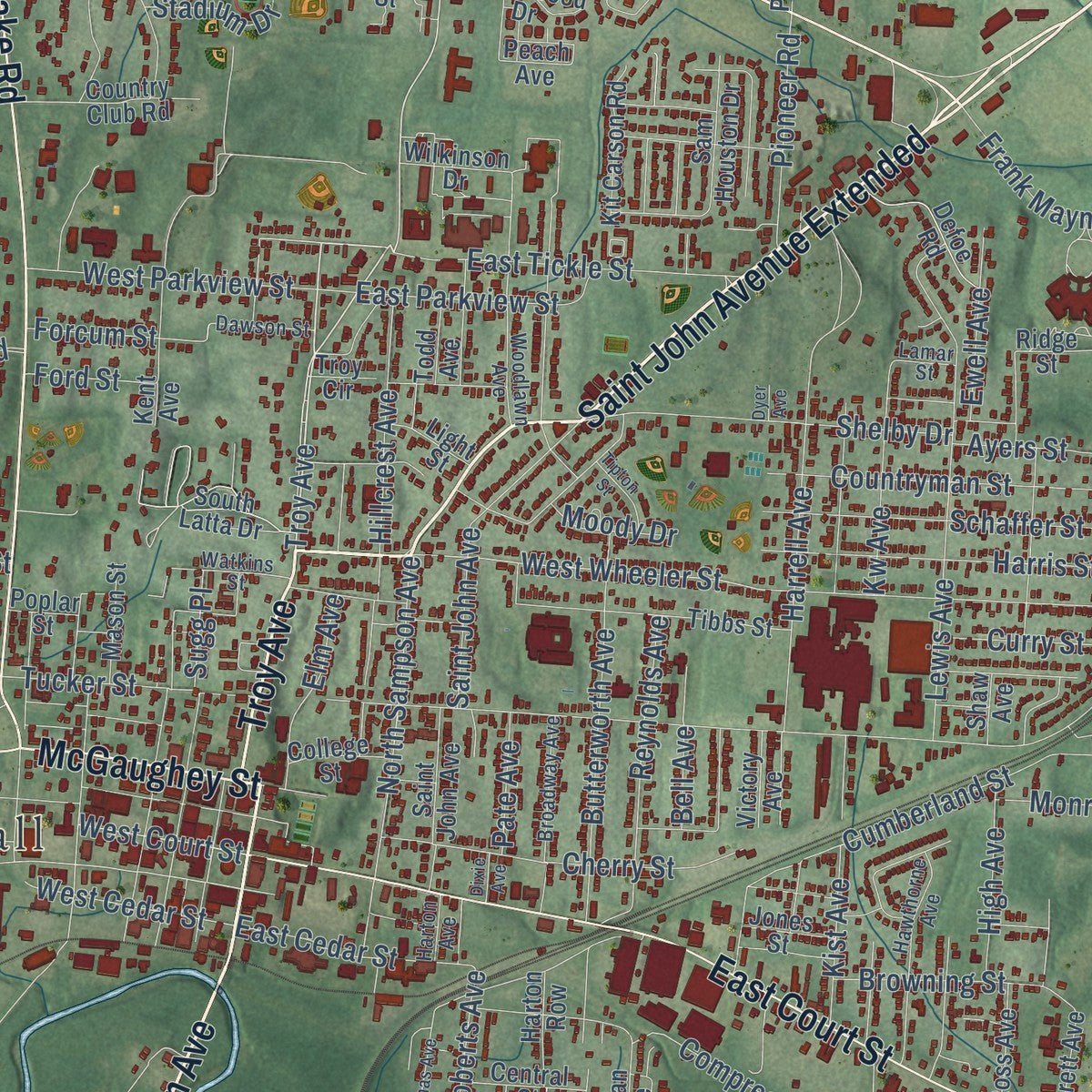 Close-up of the map of Dyersburg, Tennessee print showing street and building detail