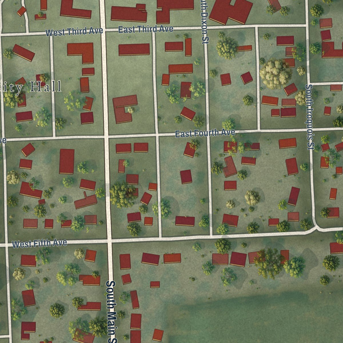 Close-up of the map of Rankin, Illinois print showing street and building detail