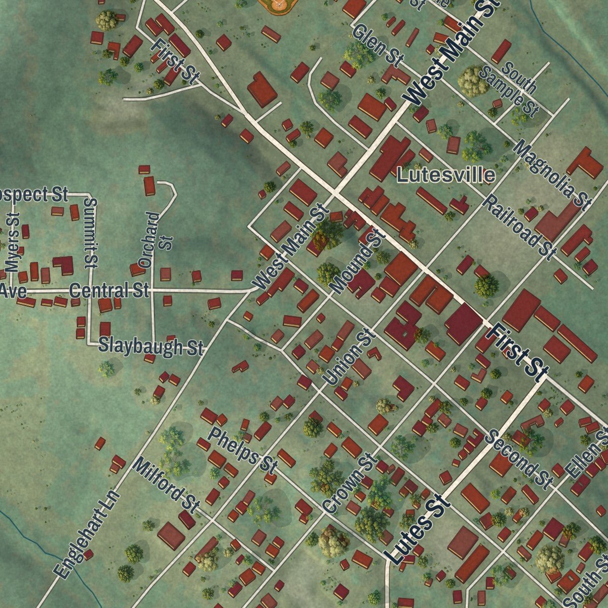 Close-up of the map of Marble Hill, Missouri print showing street and building detail