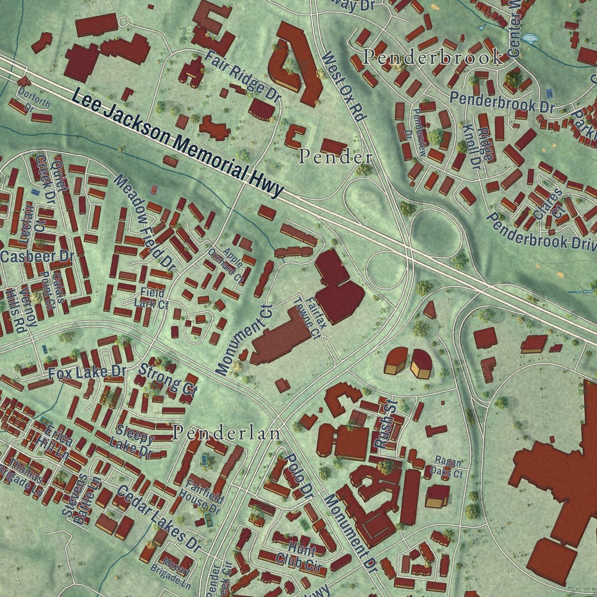 Close-up of the map of Fair Oaks, Virginia print showing street and building detail