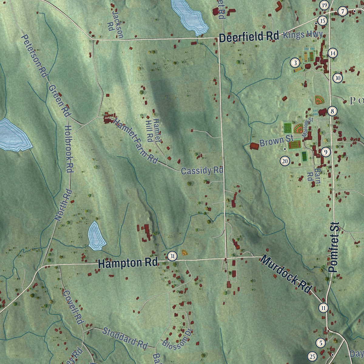 Close-up of the map of Pomfret, Connecticut print showing street and building detail