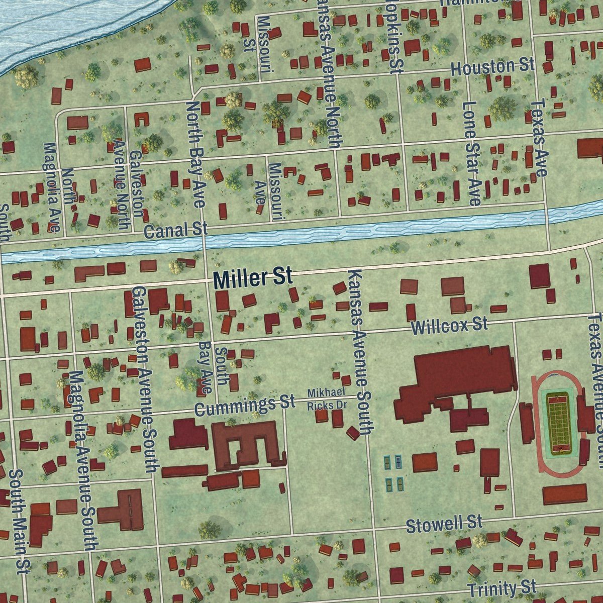 Close-up of the map of Anahuac, Texas print showing street and building detail