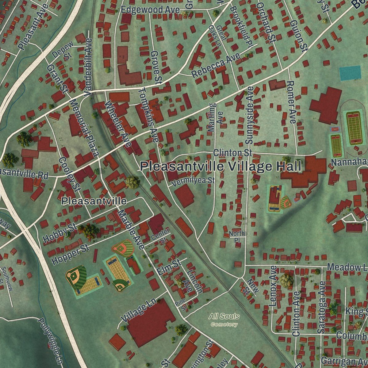 Close-up of the map of Pleasantville, New York print showing street and building detail