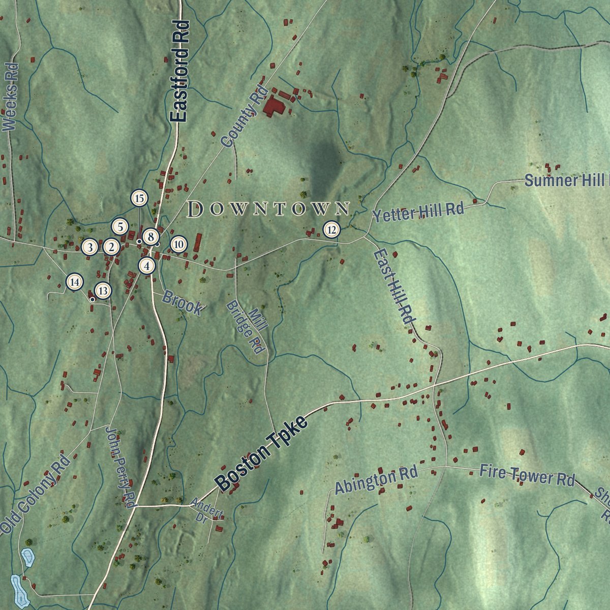Close-up of the map of Eastford, Connecticut print showing street and building detail