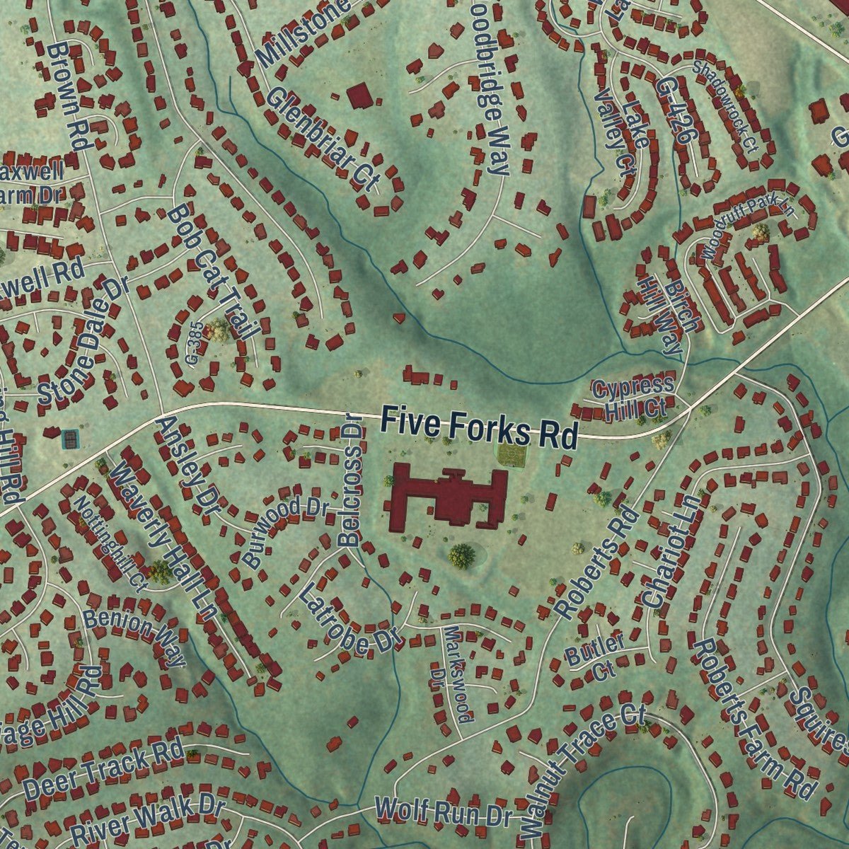 Close-up of the map of Five Forks, South Carolina print showing street and building detail