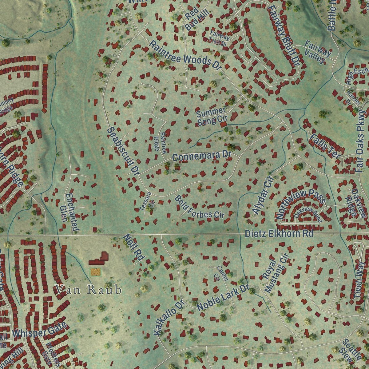 Close-up of the map of Fair Oaks Ranch, Texas print showing street and building detail