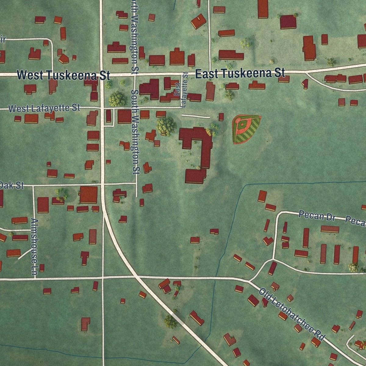 Close-up of the map of Hayneville, Alabama print showing street and building detail