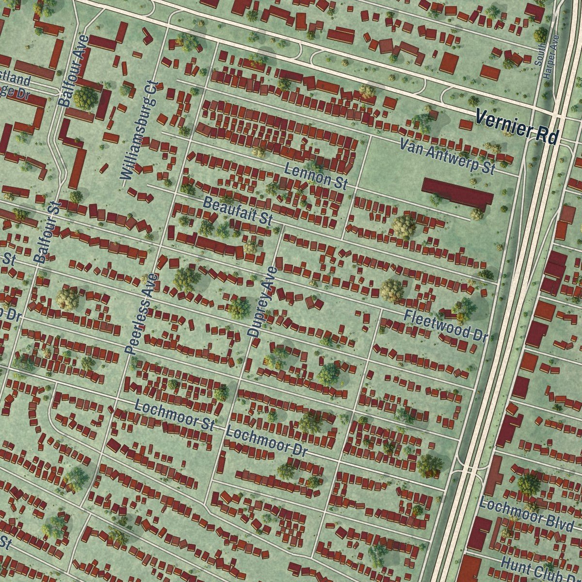 Close-up of the map of Harper Woods, Michigan print showing street and building detail