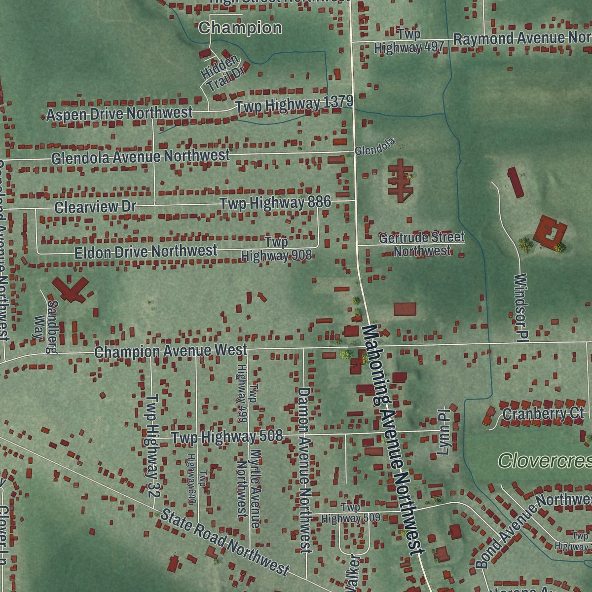 Close-up of the map of Champion Heights, Ohio print showing street and building detail