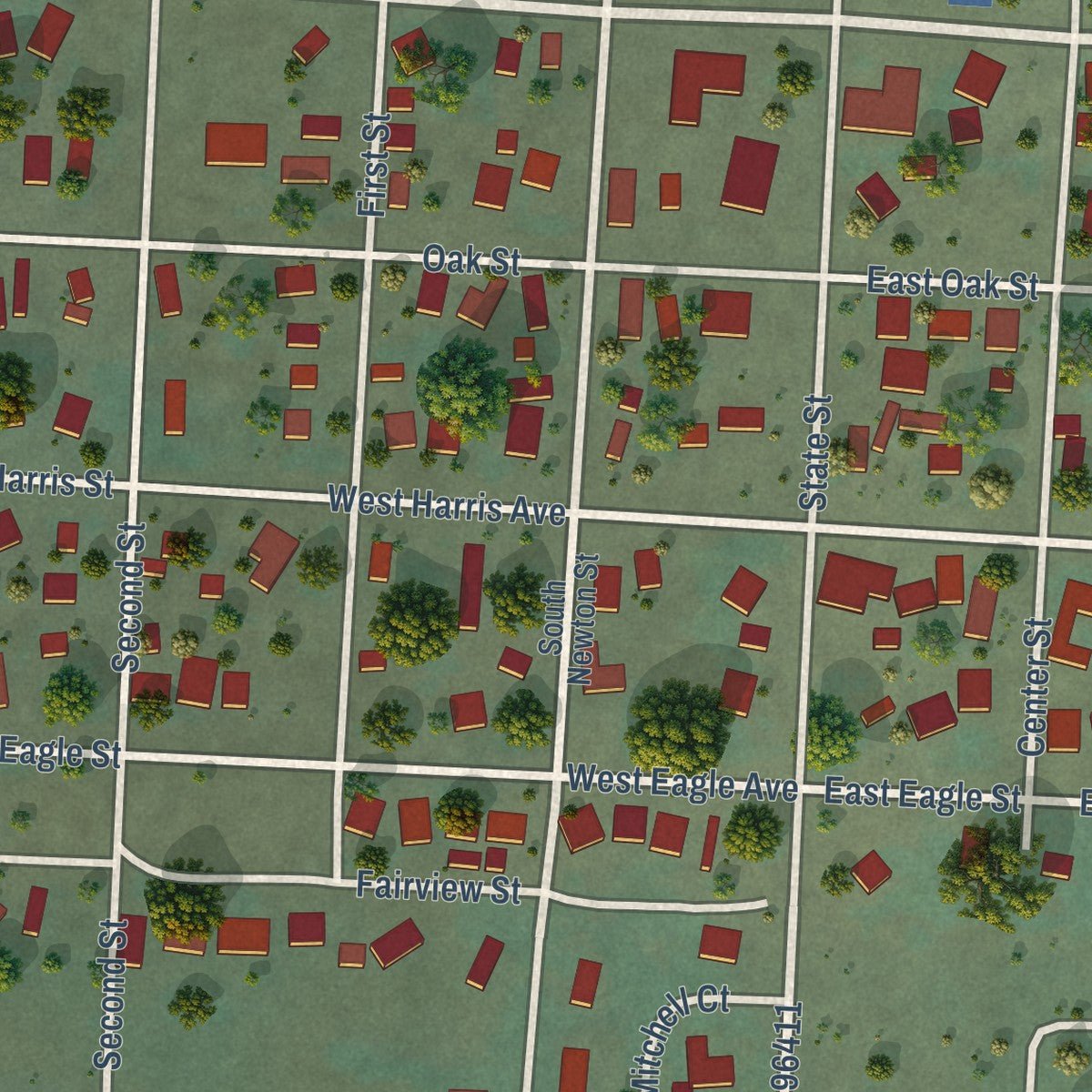 Close-up of the map of Oakville, Washington print showing street and building detail