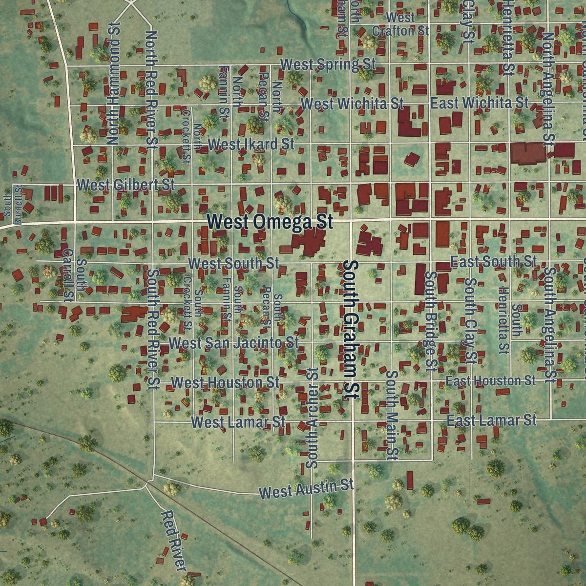 Close-up of the map of Henrietta, Texas print showing street and building detail