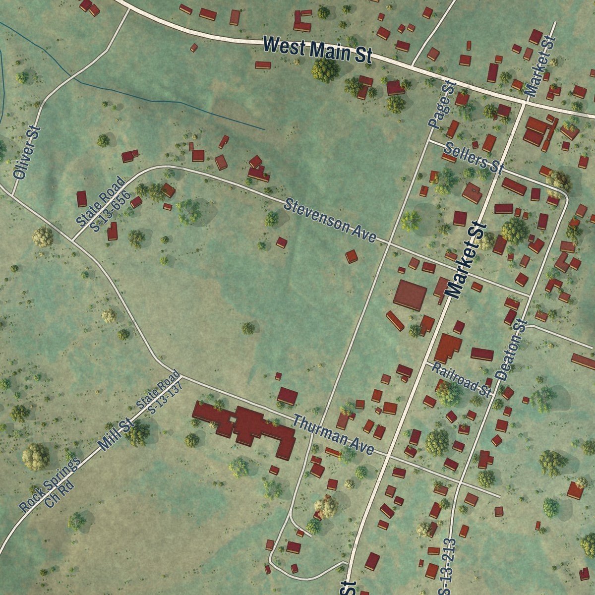 Close-up of the map of Ruby, South Carolina print showing street and building detail