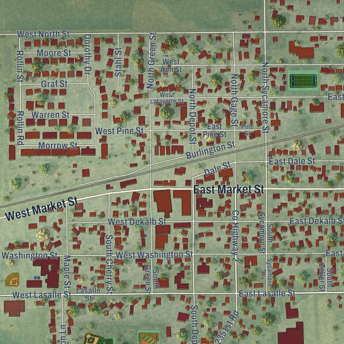 Close-up of the map of Somonauk, Illinois print showing street and building detail