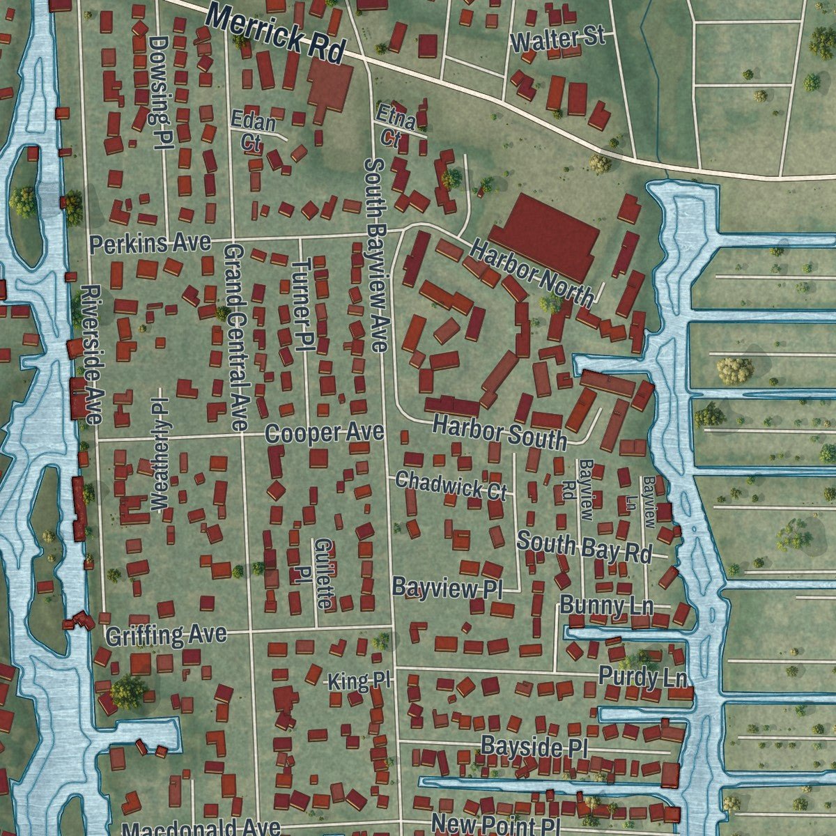Close-up of the map of Amityville, New York print showing street and building detail