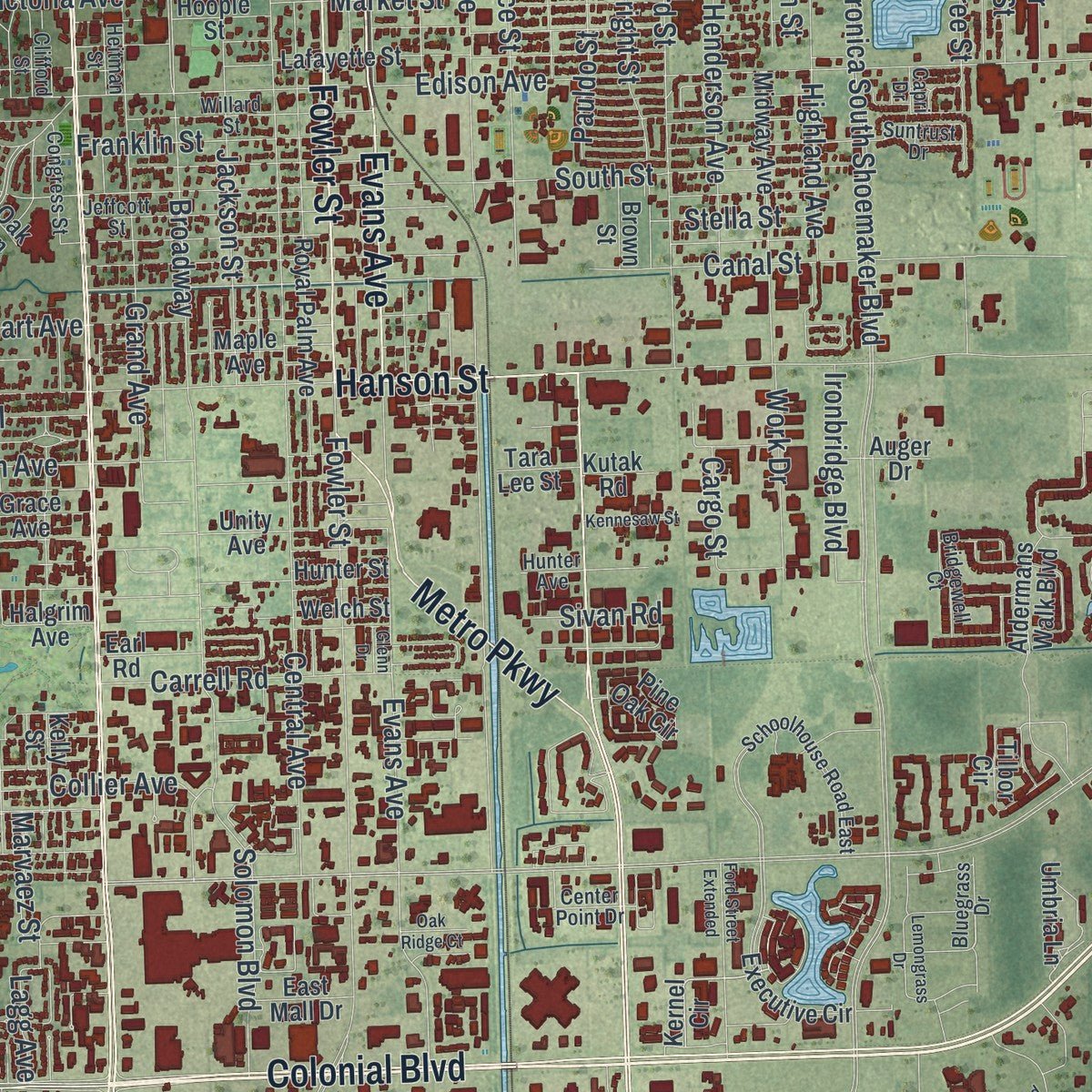 Close-up of the map of Fort Myers, Florida print showing street and building detail