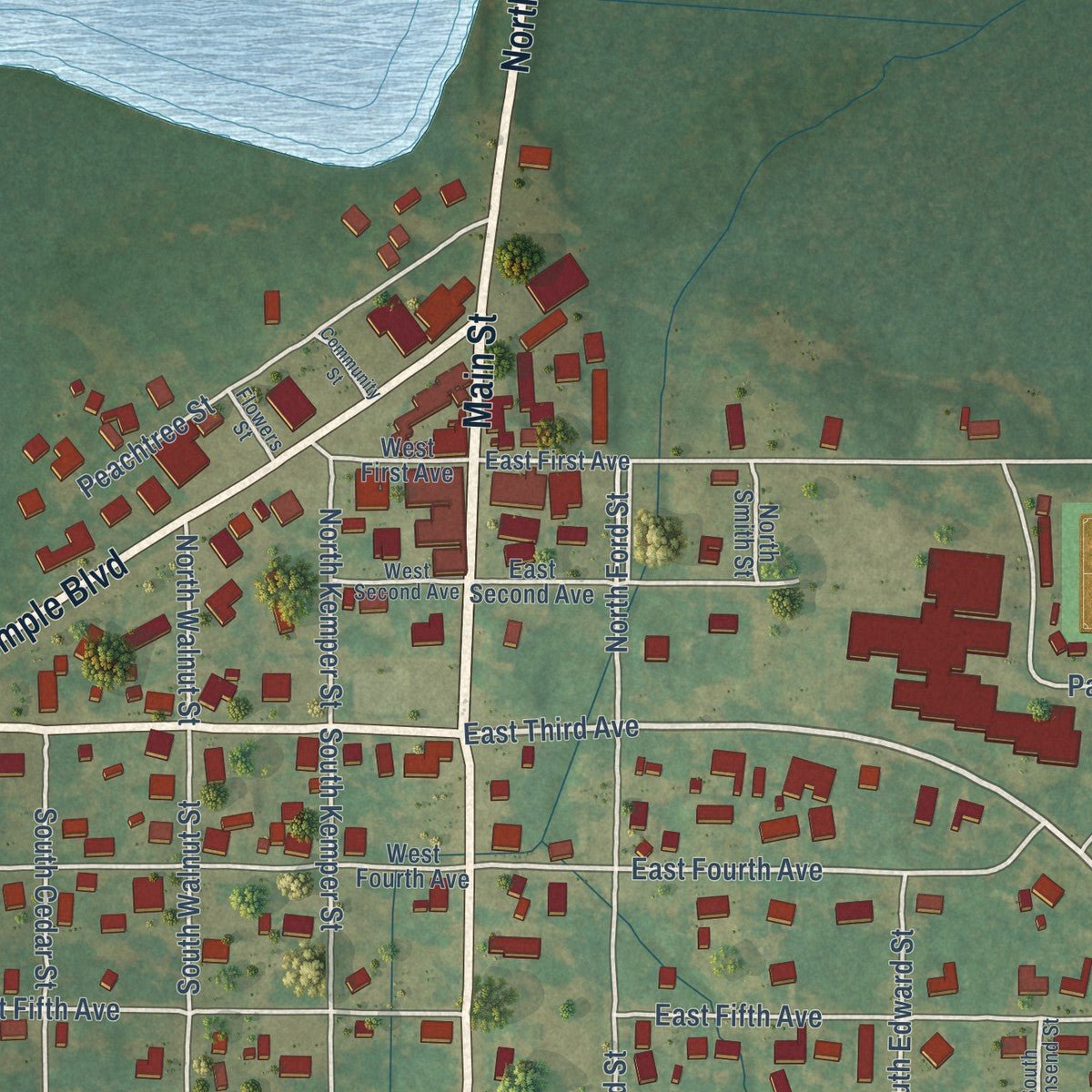 Close-up of the map of Lake View, South Carolina print showing street and building detail