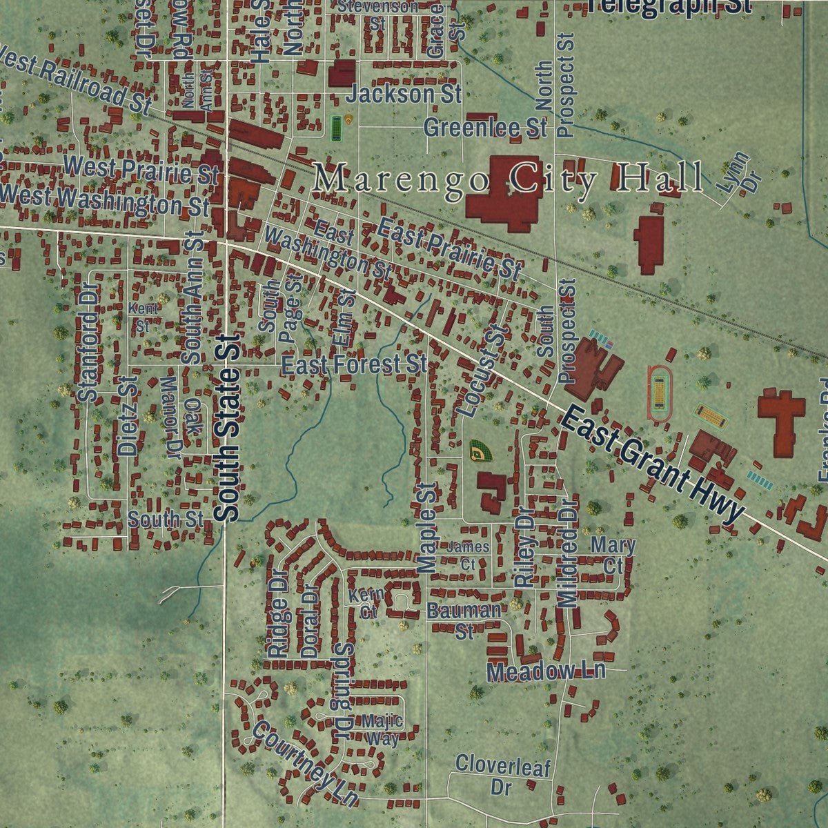 Close-up of the map of Marengo, Illinois print showing street and building detail