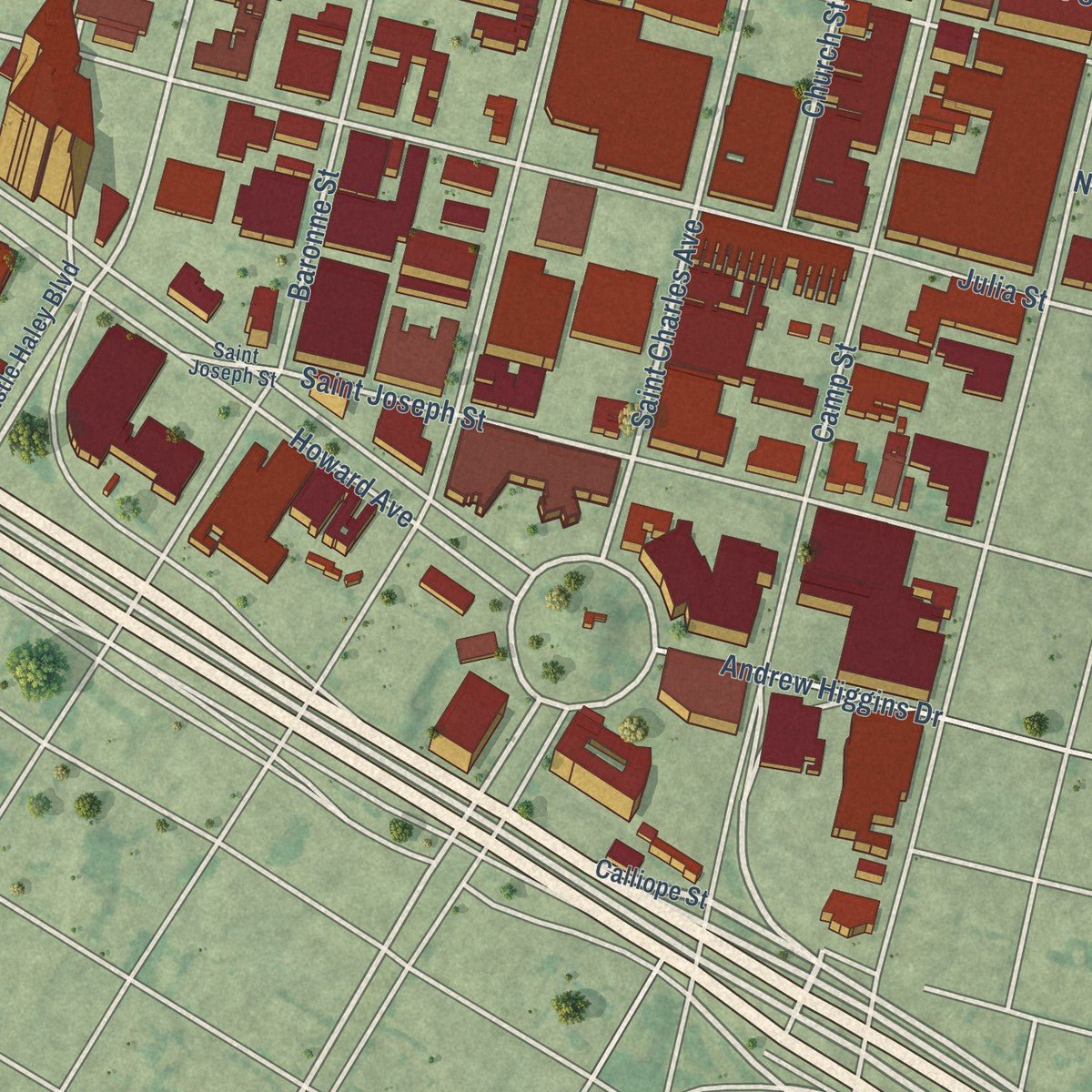 Close-up of the map of Central Business District, Louisiana print showing street and building detail