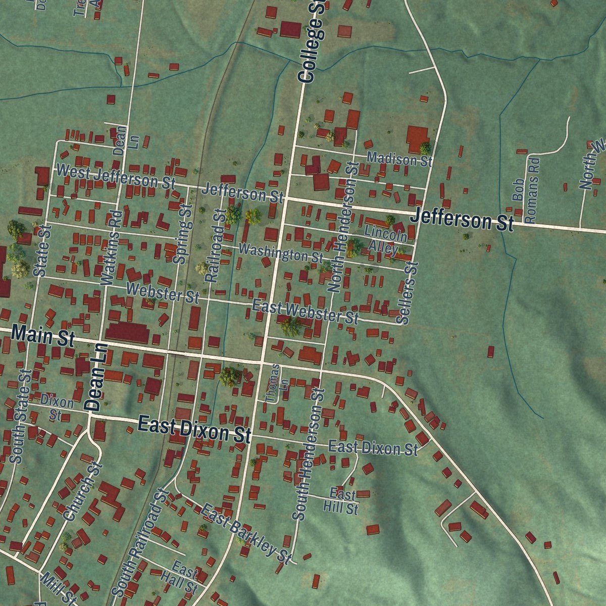 Close-up of the map of Sebree, Kentucky print showing street and building detail