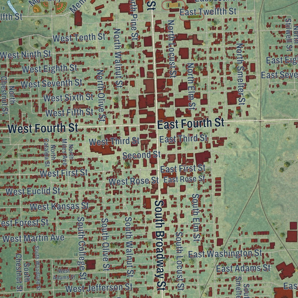 Close-up of the map of Pittsburg, Kansas print showing street and building detail