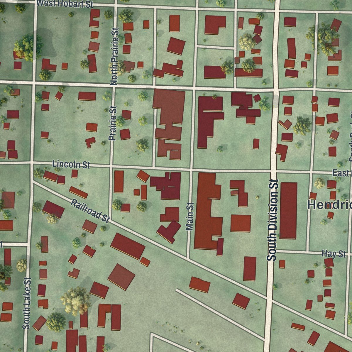 Close-up of the map of Hendricks, Minnesota print showing street and building detail