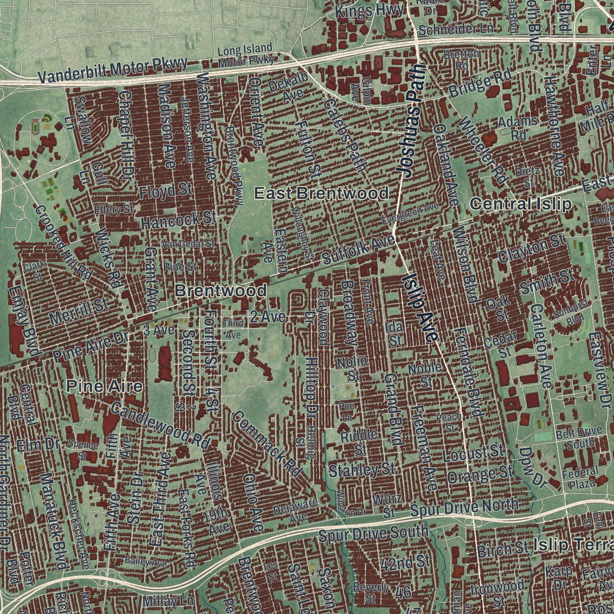 Close-up of the map of Islip, New York print showing street and building detail