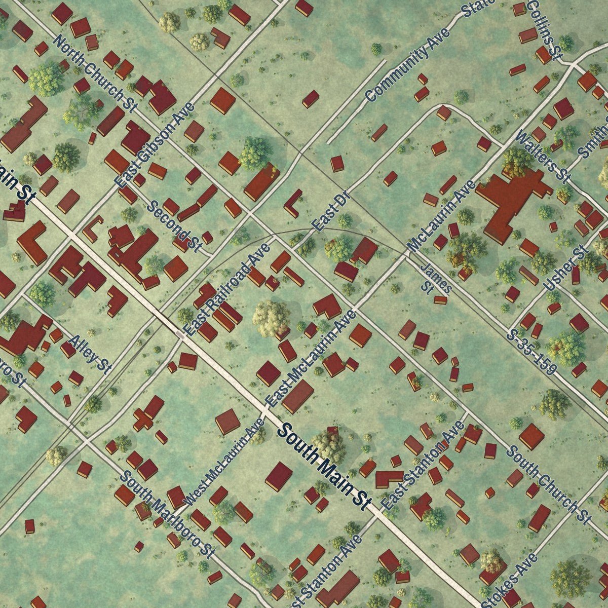 Close-up of the map of McColl, South Carolina print showing street and building detail