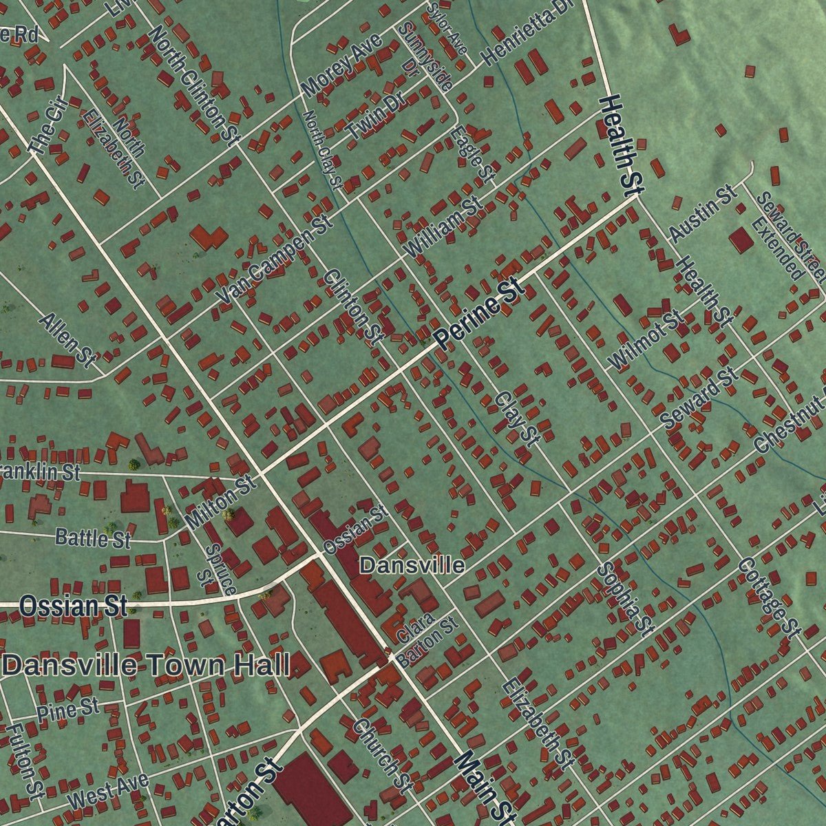 Close-up of the map of Dansville, Livingston County, New York print showing street and building detail